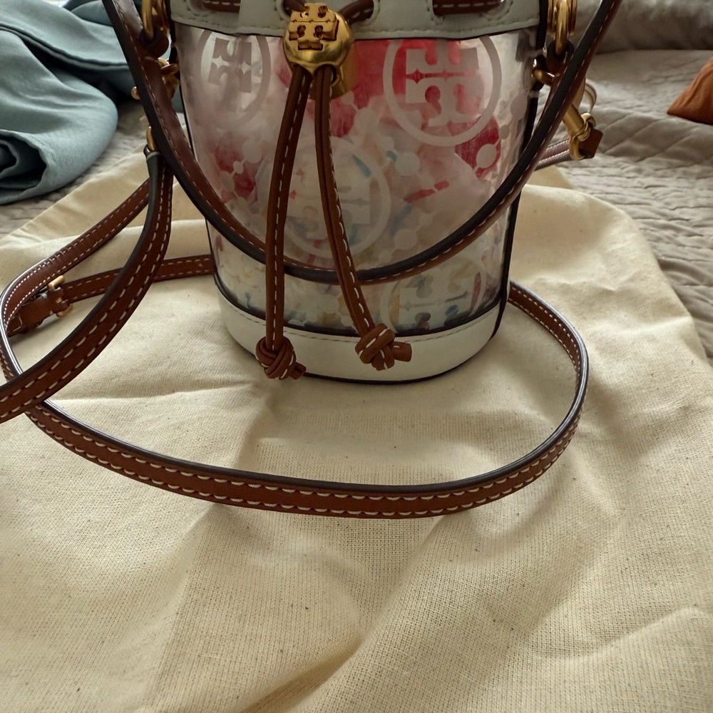 Tory Burch White and Brown Crossbody Bag with Leather Trim